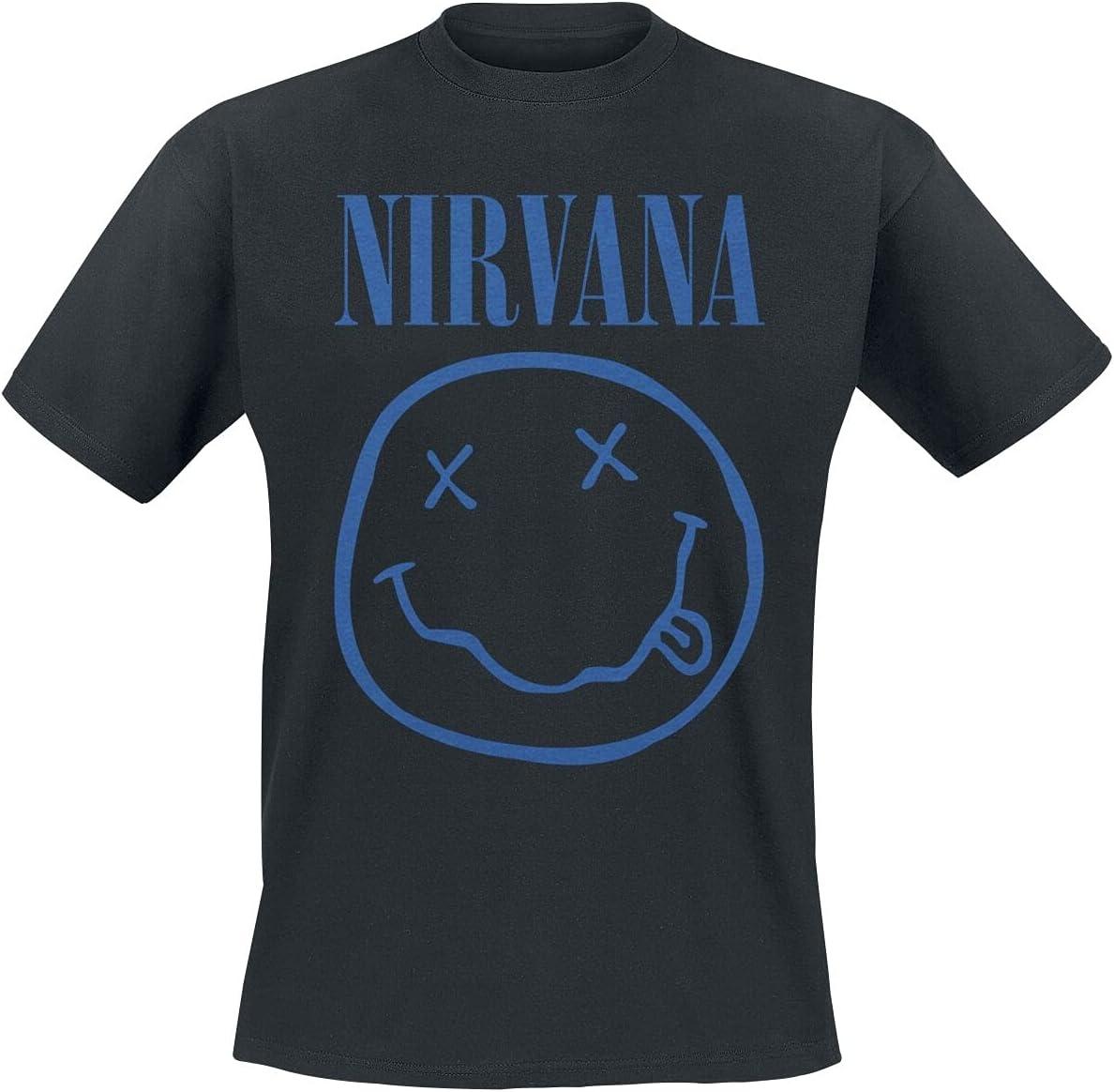 Nirvana Men s Blue Smile Face Logo Slim Fit T-Shirt Medium Black S
