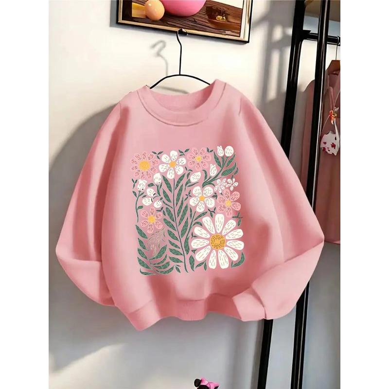European Sizes Kids' Crewneck Sweatshirt - Floral Pattern with Pink And White, Sportswear And Casual Wear, Soft And Comfortable