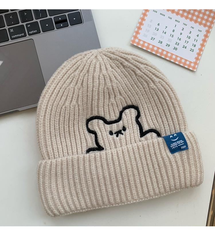 Deepsea Cute Bear Embroidered Knit Hat Korean Style Thickened Ear Protection Cold Hat For Women