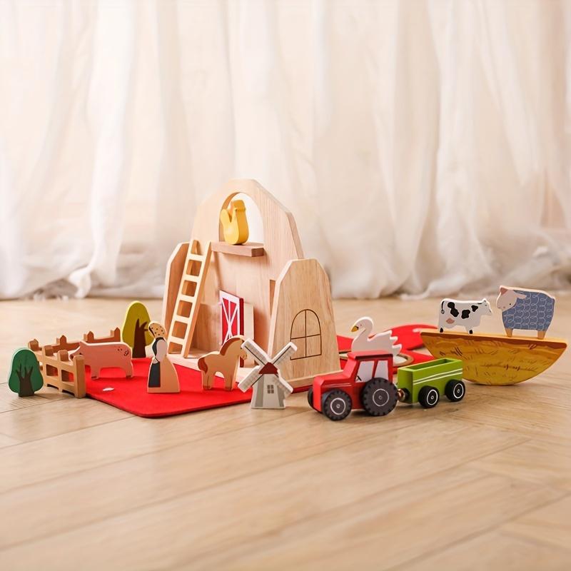 Early Education Cognitive Animal Barn Toys,Baby Educational Play House Farm Ornaments,Interesting Stacking Toys, Wooden Building Blocks Stacking