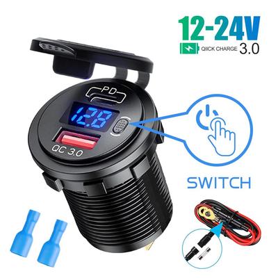 Chargeur de voiture 12 V/24 V avec interrupteur marche/arrêt, affichage de la tension, 45 W PD, USB QC 3.0, chargeur rapide pour voiture, camion, bateau, camping-car, moto