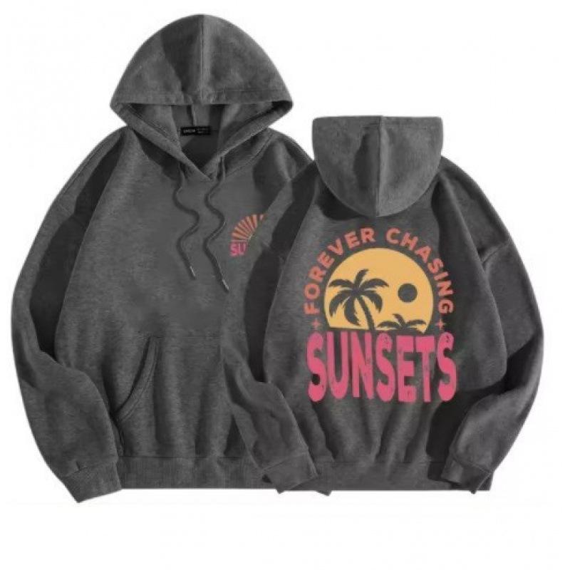 Women's Warm Casual Top Sunset Style Fashionable Printed Hoodie Back Letter Slogan Drawstring Hoodie