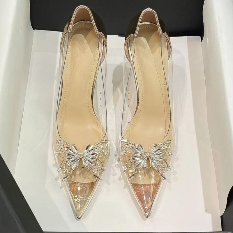 New Pointed Crystal Fairy Ladies Wind Sandals Rhinestone Butterfly-knot Transparent High Heel Women Sandals Fashion Shoes