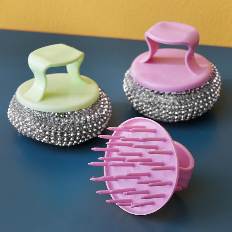 Kitchen Cleaning Brush with Handle Interchangeable Head Pot Brush Multi-purpose Dish Brush Cleaning Ball Steel Ball