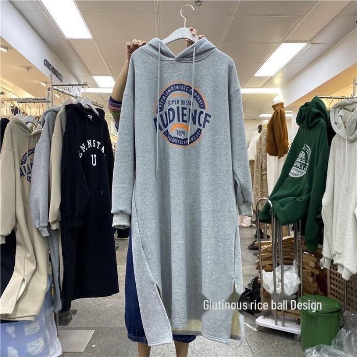 Korean-Style Winter Oversized Velvet Hooded Printed Knee-Length Dress for Women