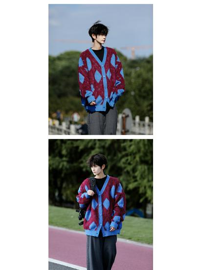 Men's Autumn/Winter Retro College Diamond Check Cardigan - Soft, Sticky, Trendy, Casual Knitted Style for Couples
