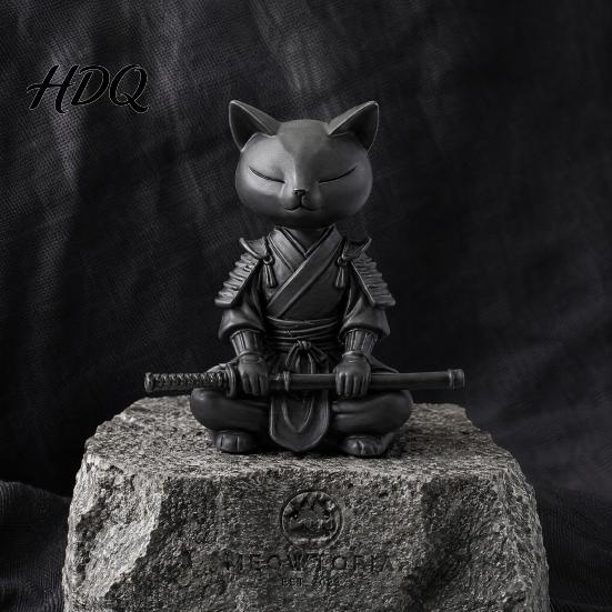 Cat Themed Home Decor 3D Printed Knight Figurine Meditating Desk with Zen