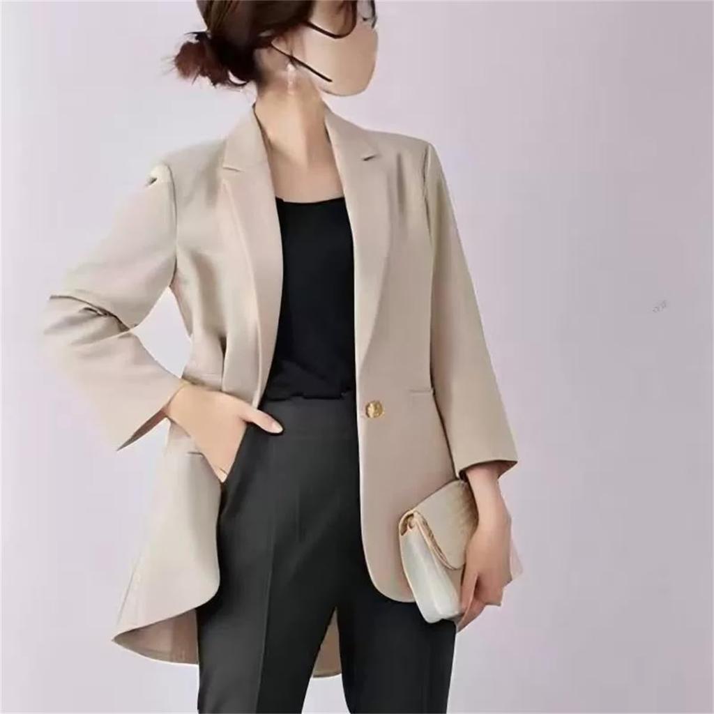 [YUANYUAN] Women's Pantsuit 2-Piece Set: Suit Jacket & Cigarette Pants, Tailored Jacket, Reversible Collar, Back Gathered, Pockets, Adult Cute, Formal