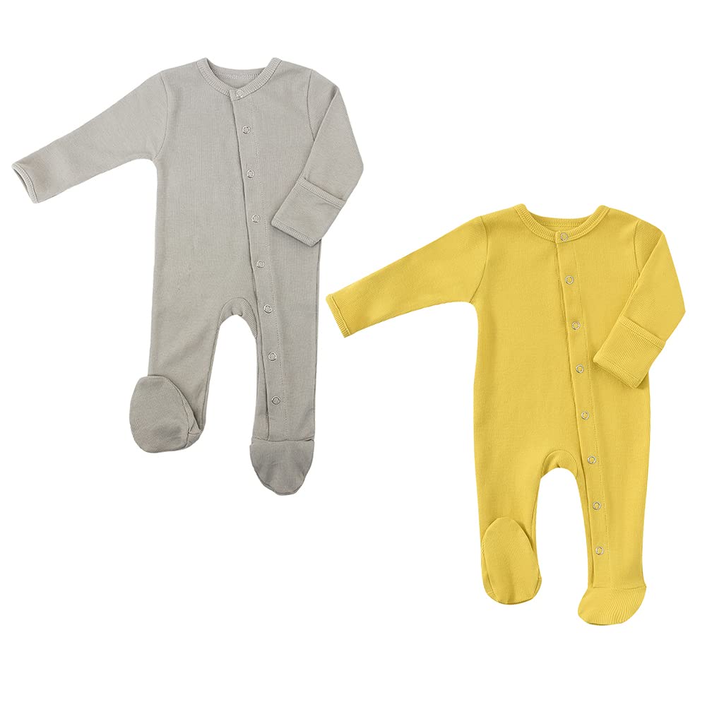 KISBINI Baby Long Sleeve with Footed Newborn Front Baby Ages Months Romper, Coverall, Cotton, Foots, Underwear, Opening, Gift, Gray/Yellow, 6-9