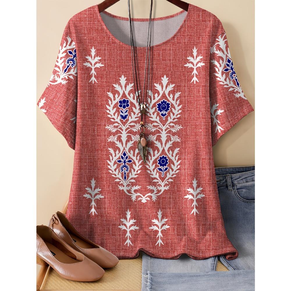 Summer Women Pattern Splicing 3D Printed Short Sleeved T-shirt Fashionable Comfortable Soft Breathable Large Loose Retro Style T-shirt