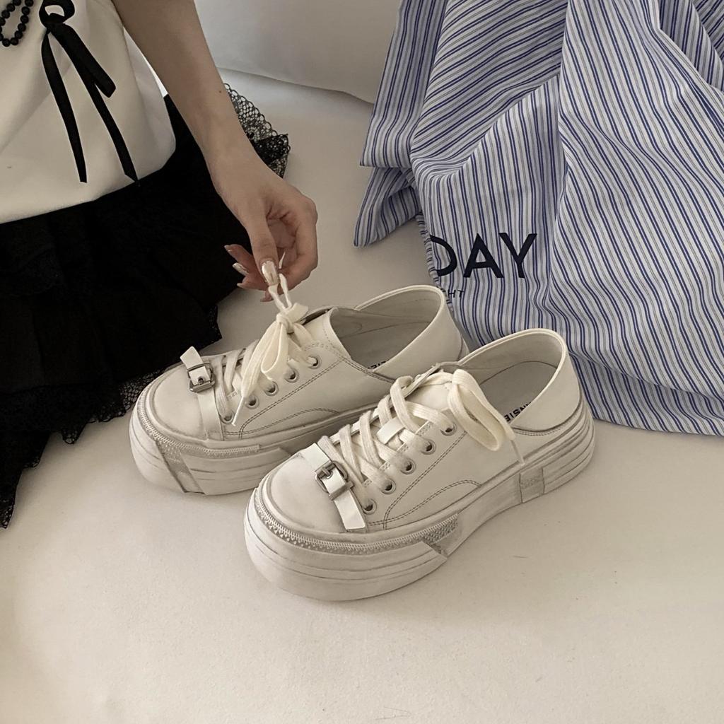 Two wear casual leather little white shoes 2025 new metal buckle polishing old single shoes women's thick-soled heightening board shoes
