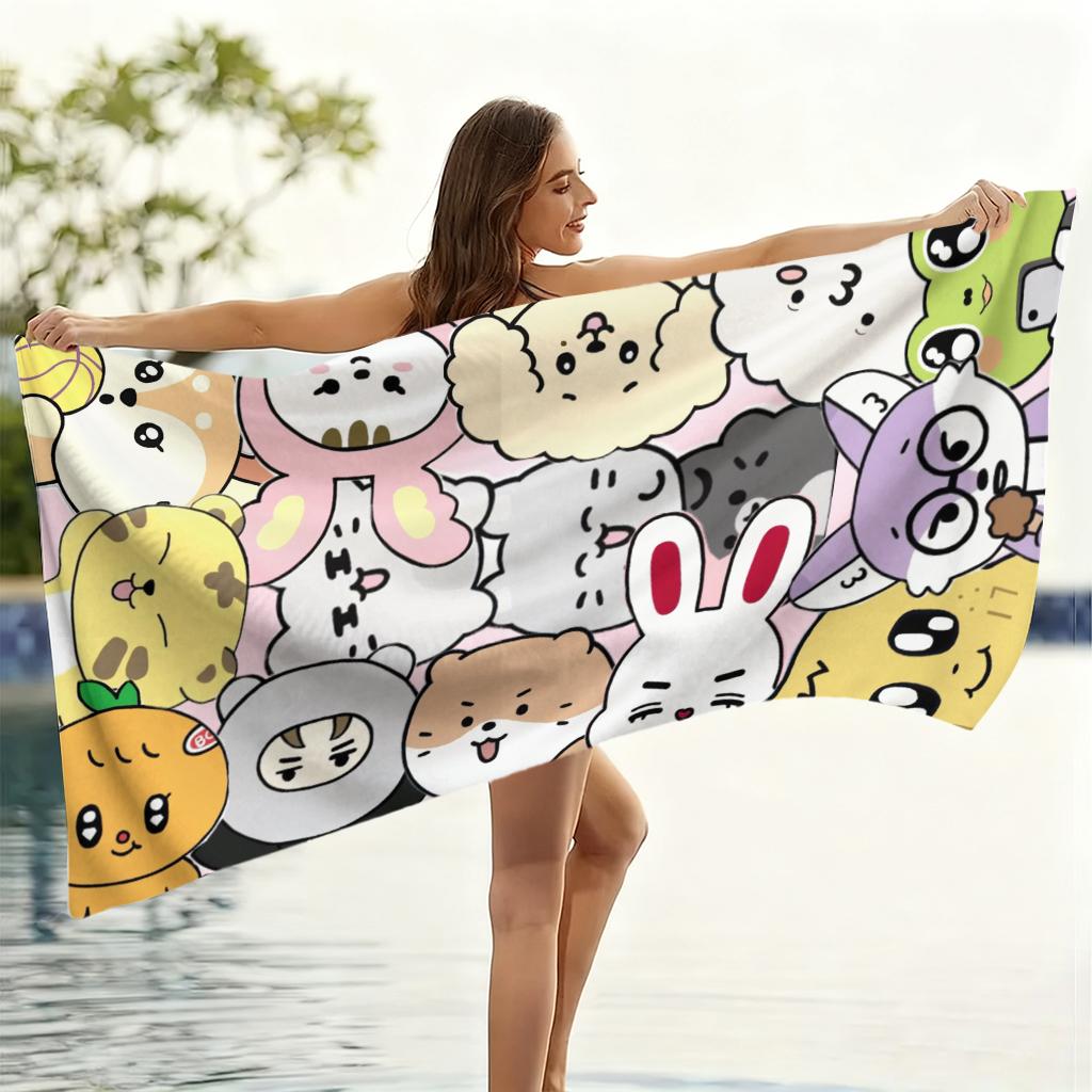 Kawaii kpop Animal Squad Beach Towel, Cute Cartoon Doodle Cats & Bunnies Quick-Dry Towel