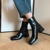 South Korea Dongdaemun thick heel square head short boots women's zipper leather Internet celebrity boots versatile Korean women's leather boots