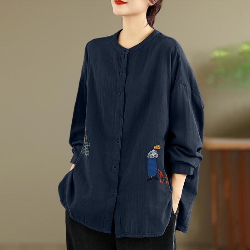 

ZANZEA Women Casual Round Neck Loose Long Sleeve Print Blouse 3XL Темно-синій