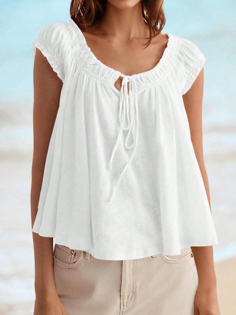 Womens Summer Tie Front Babydoll Top Cap Sleeve Pleated Flowy Blouse