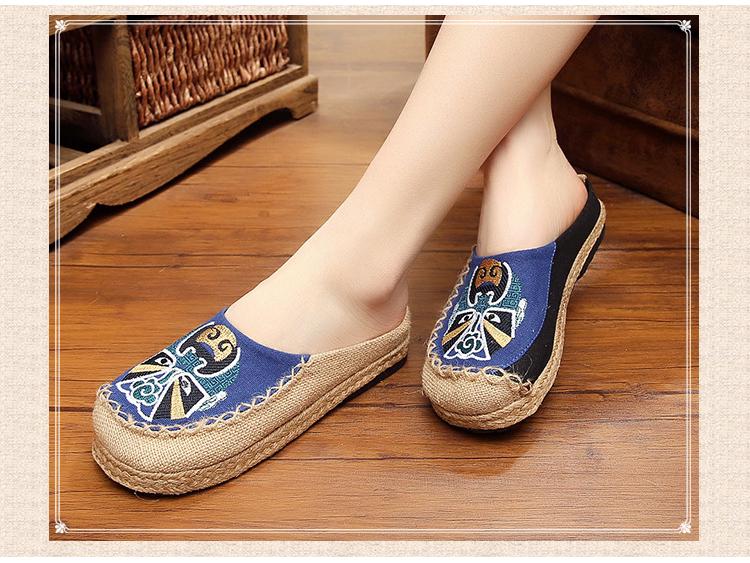 Taigu Mi Ma Peking Opera Face Embroidered Espadrilles: Handmade Cloth Shoes, Linen, Mori Girl Style.