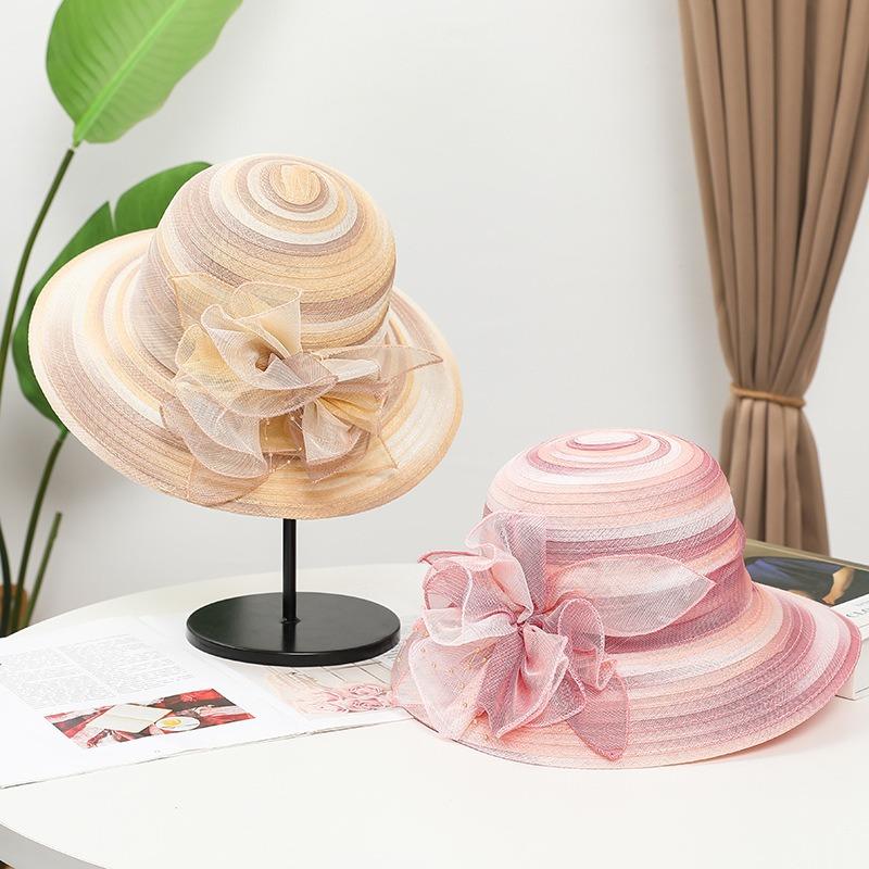 Hat female summer middle-aged and old eaves organza flower cool hat foldable sunshade sunscreen mother sun basin hat
