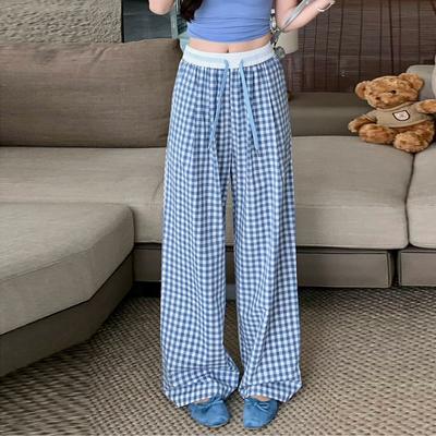Damen Dünne Sommer Casual Karierte Hose Gerade Hose Jogger Jogginghose Sweatpants Streetwear Damen