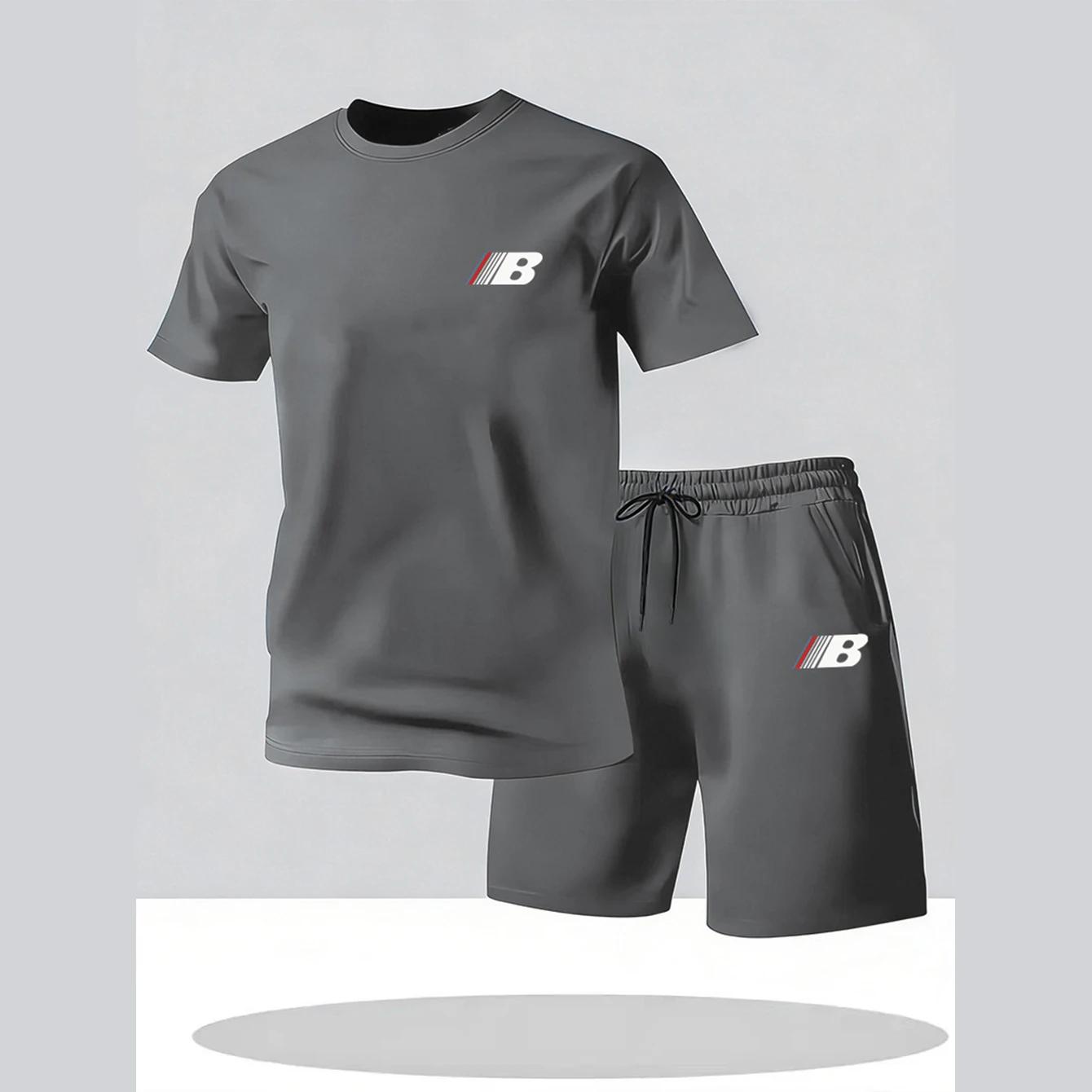 Men s Sporty Summer Breathable Short-sleeve T-shirt and Shorts Casual Two-piece Set S