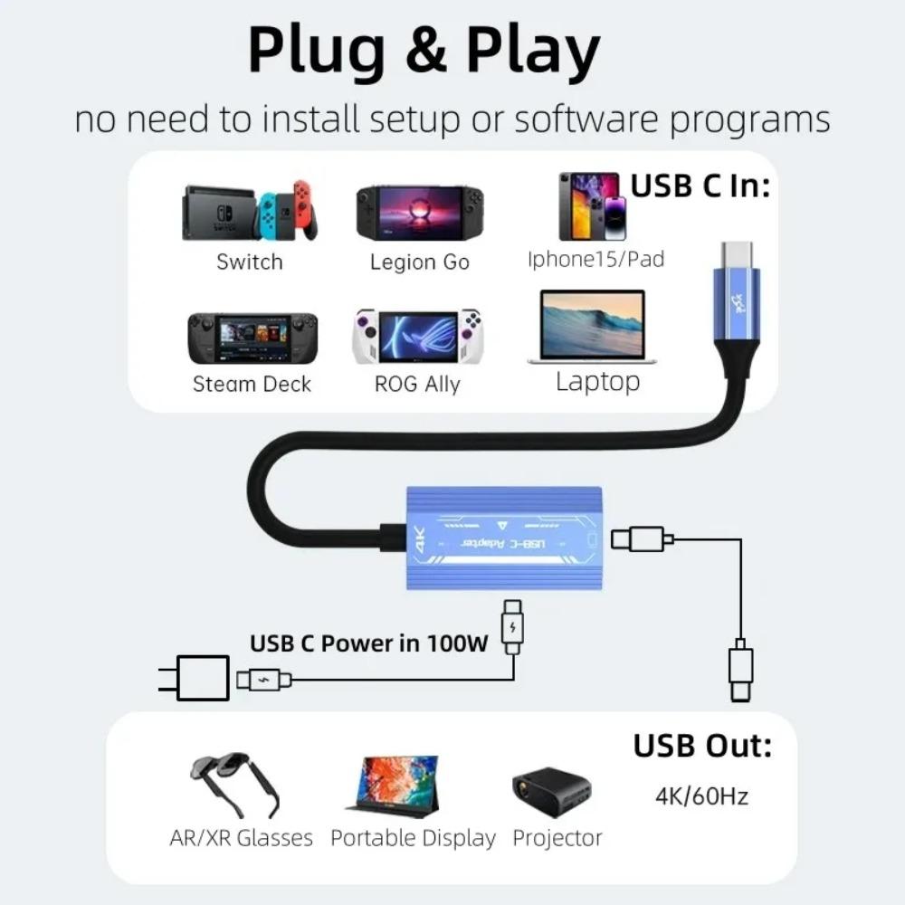 USB C To C Video Converter 4K@60Hz Display Adapter with PD 100W for Laptop Switch To XREAL/VITURE One/RayNeo AR Glasses Monitor