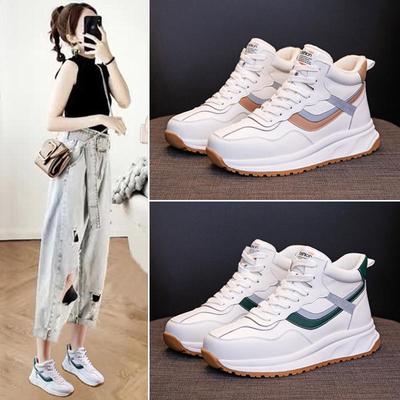 Zapatos Altos Blancos de Cuero Genuino para Mujer: Zapatillas deportivas casuales de terciopelo de moda para otoño/invierno 2025