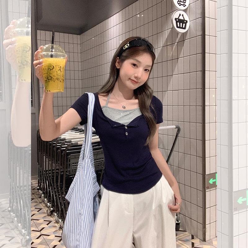 Navy Blue Fake Two-piece Neck Sling Short-sleeved T-shirt Women's Summer New Design Slim-fitting Short Top