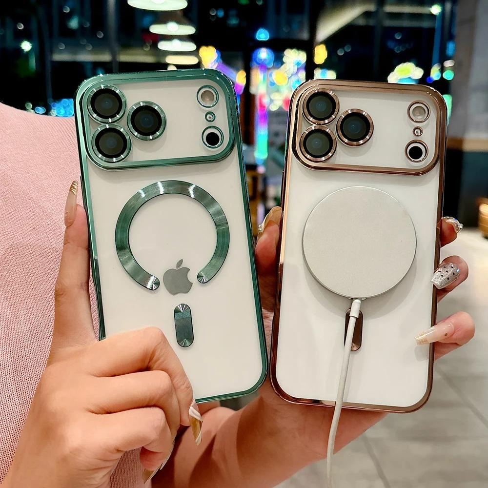 Luxury Magnetic For Magsafe Wireless Charge Plating Clear Case For iPhone 17 16 15 14 13 12 11 Pro Max Shockproof Silicone Cover