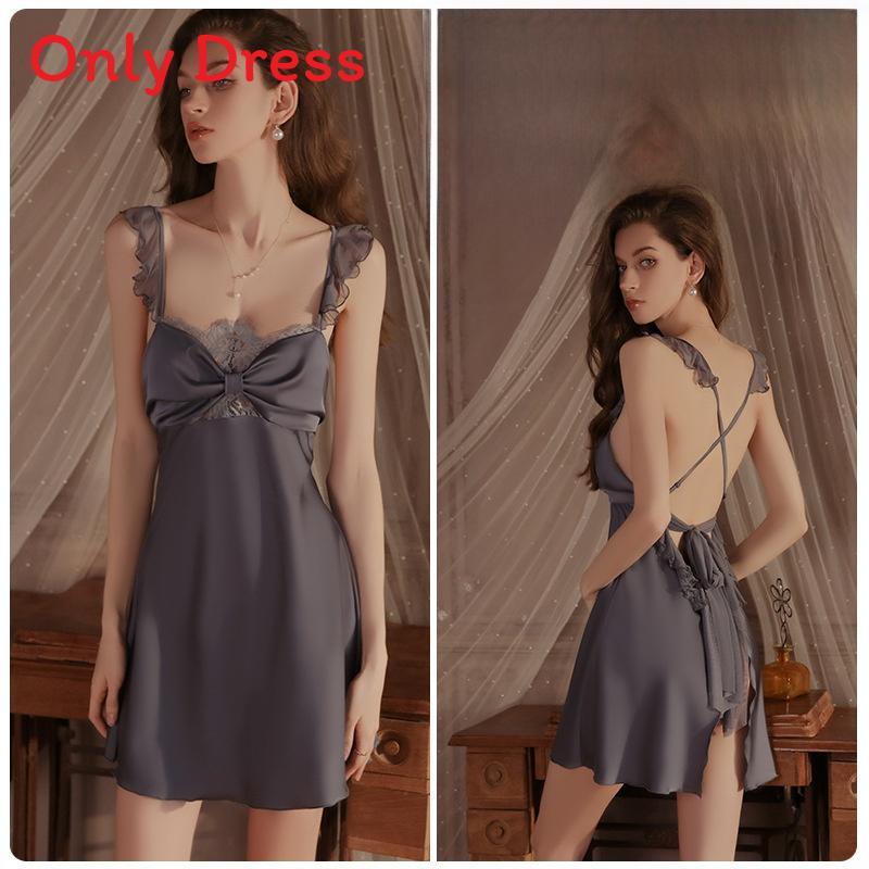 Women Satin Sleepwear Set With Lace Splicing And Bow Detail For Home And Hotel Use