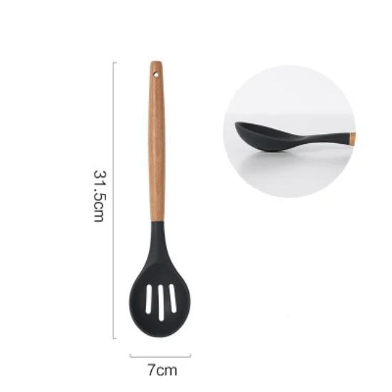 Ustensile de Bucătărie Spatulă Silicon Lingură Polonic pentru Supă Spatulă Perforată Server pentru Paste Ustensile de Gătit din Silicon Antiaderent cu Mâner de Lemn