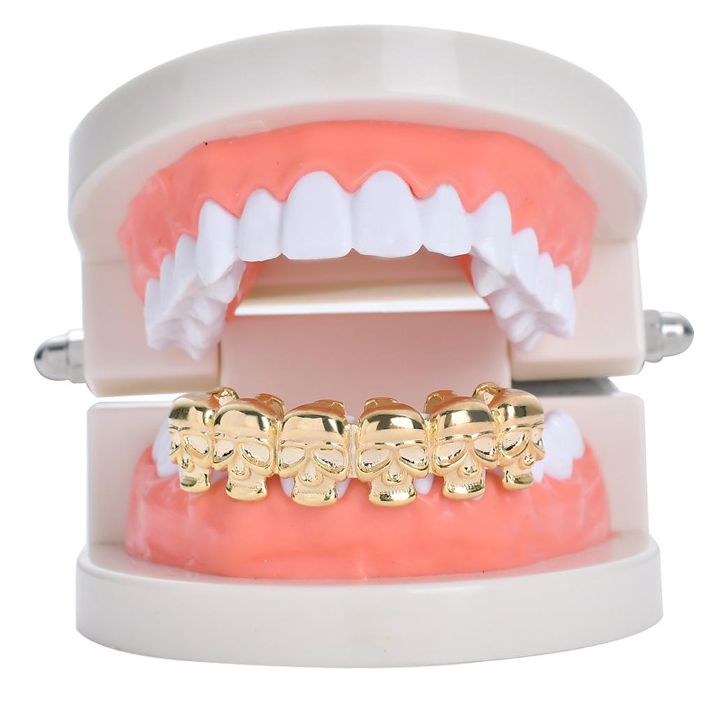 Gold-Plated Skull Hip Hop Grillz - Trendy Halloween Cosplay Tooth Decor