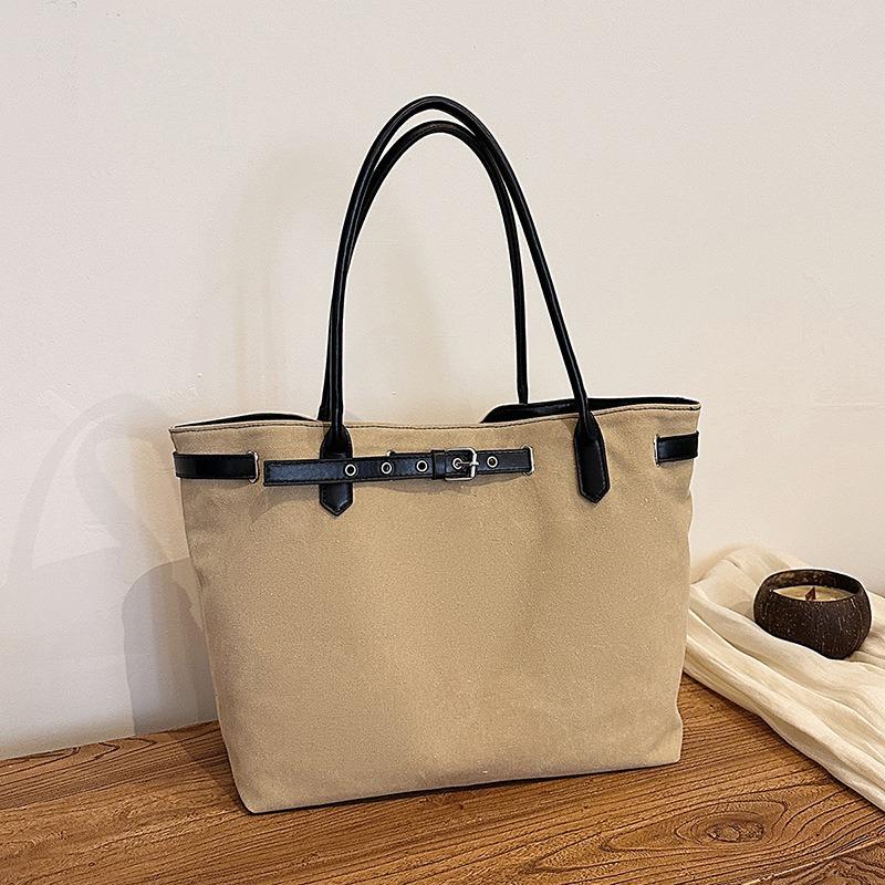 Canvas Simple Tote Bag Belt Buckle Niche Design Shoulder Bag Commuter Big Bag Computer Shoulder Underarm Bag