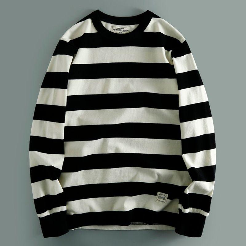 Heavy 280G Double Yarn! European and American Retro Washed Pure Cotton Stripe Long sleeve Loose round Neck Casual Bottoming Shirt Hoodie