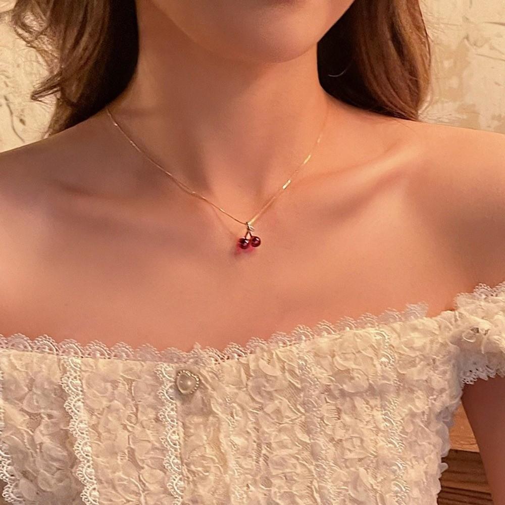 Golden Chain Fruit Chain Necklace Red Cherry Necklace Jewery Cherry Pendant Necklace  Women Fashion