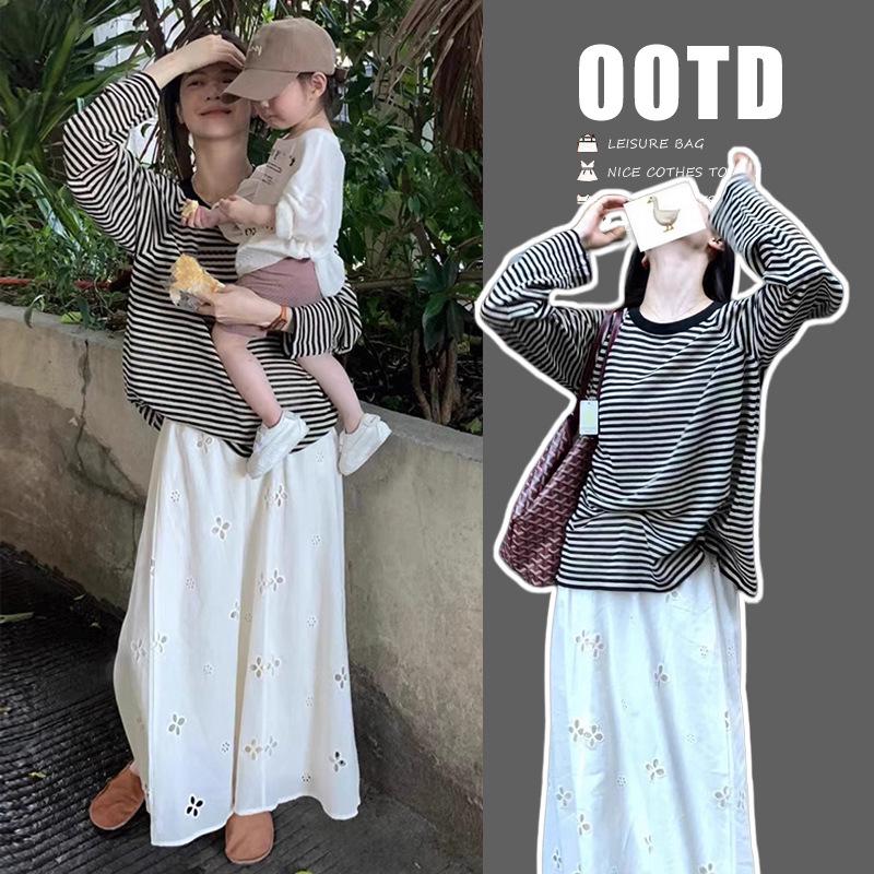 2026 Spring Maternity Set: Striped Knit Long Sleeve Tee & Crochet A-line Skirt 2X-Large