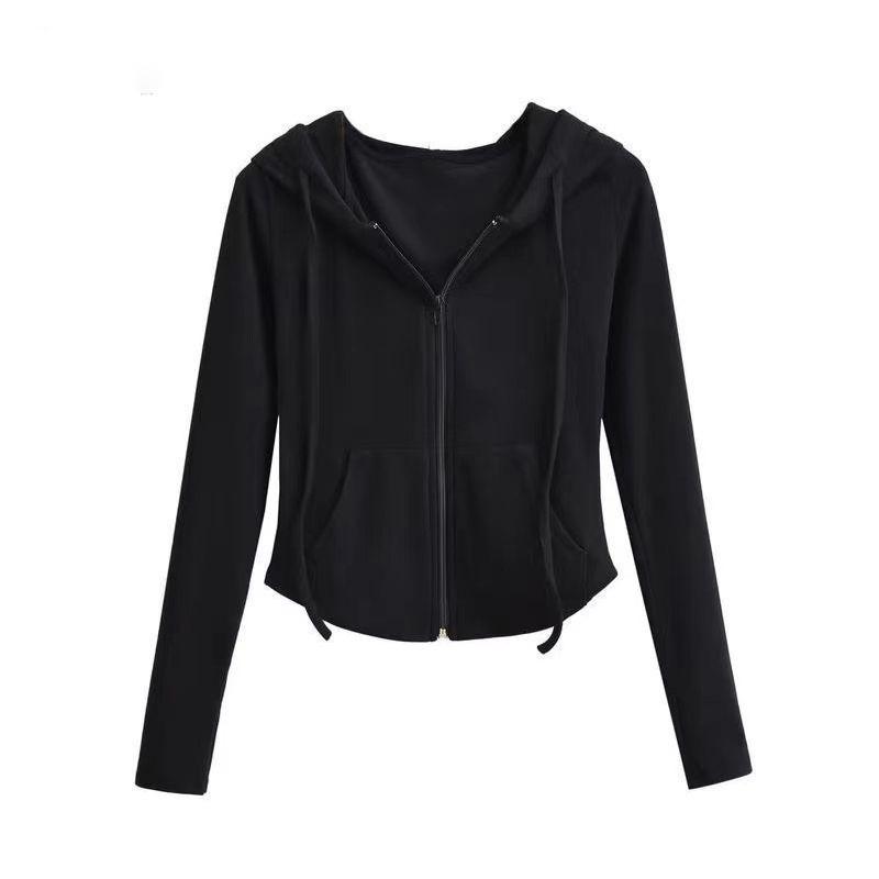 Women’s Spring/Autumn Hooded Cardigan Jacket – Slim-fit, Waist-cinched, Slimming, Long-sleeved, Cropped Top