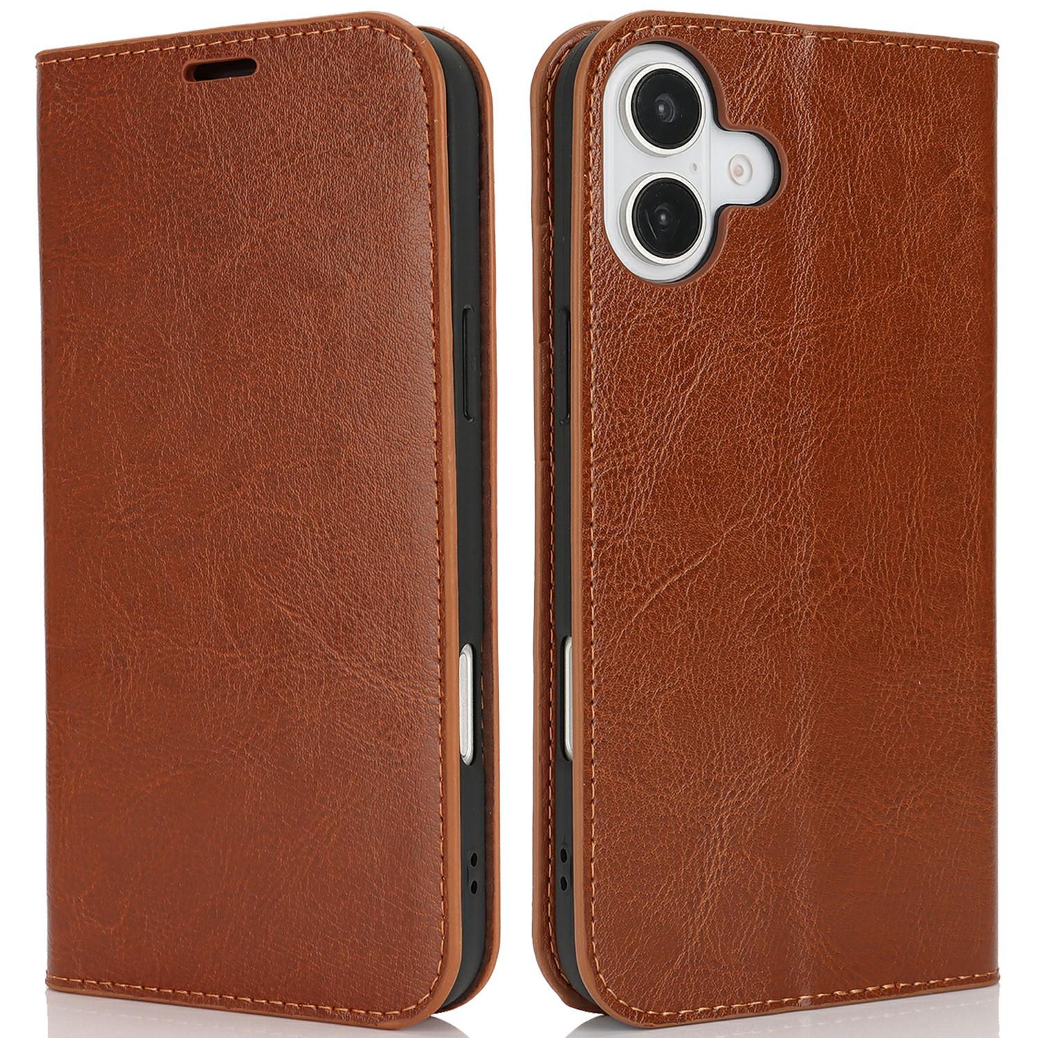 

For iPhone 16 Case Crazy Horse Texture Split Leather Wallet Phone Cover Light Brown