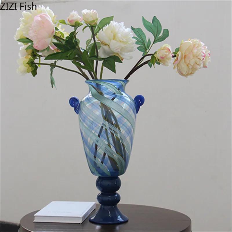 Colorful Blue Stripe Glass Vase Hydroponics Plant Pot Table Decoration Flowers Arrangement Floral Vases Room Aesthetic Decor