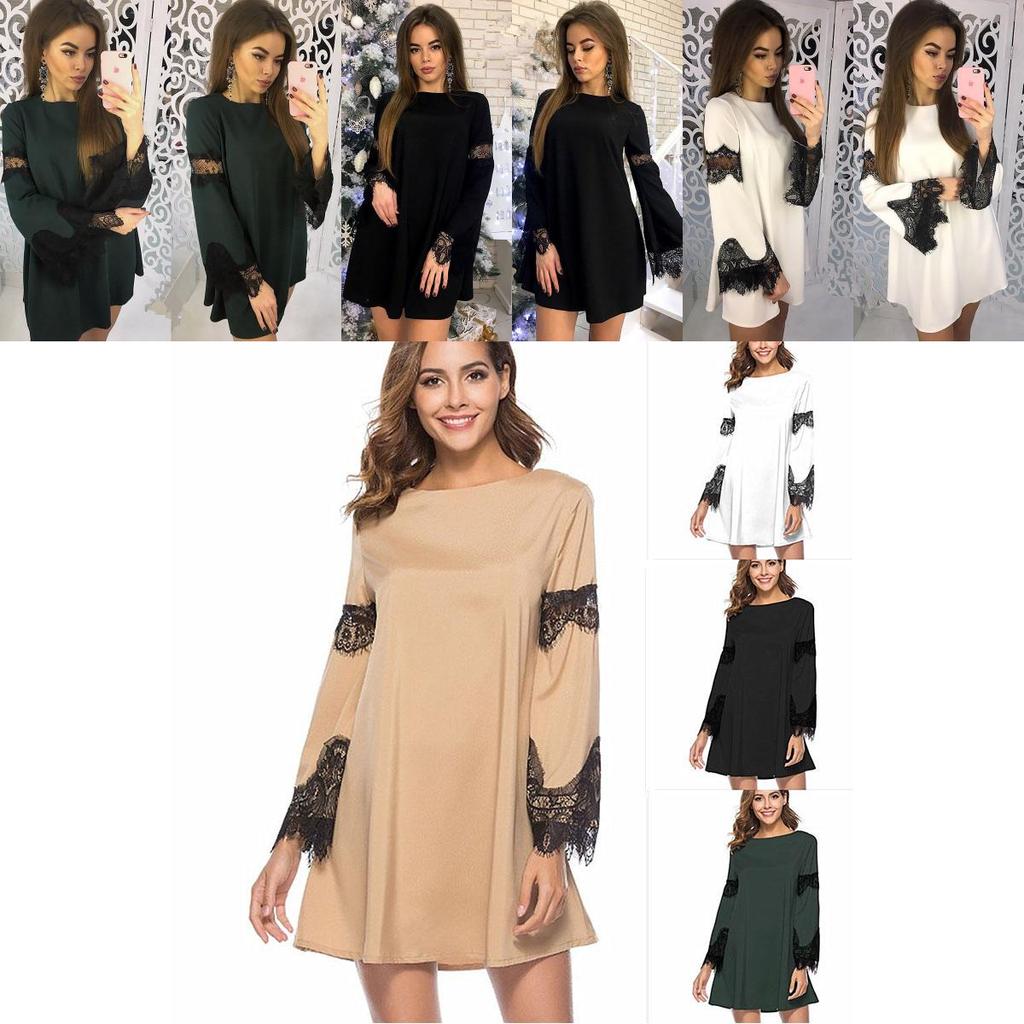 Elegant Solid Color Lace Stitching Dress For Women Perfect For Casual Outings