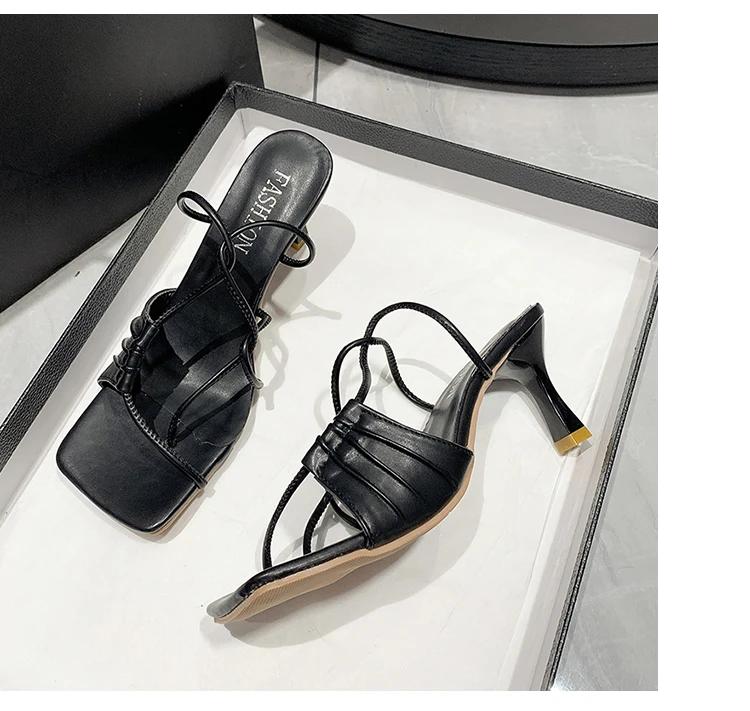 Gold Narrow Band Women Slipper Female Square Pinch Toe Low Heel Slides Sandal Flip Flops Mujer Shoes