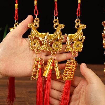 Golden Chinese Zodiac Goat Lucky Hanging Ornament Soft Red Tassel Pendant for Benmingnian Gift Spring Festival Door Decor
