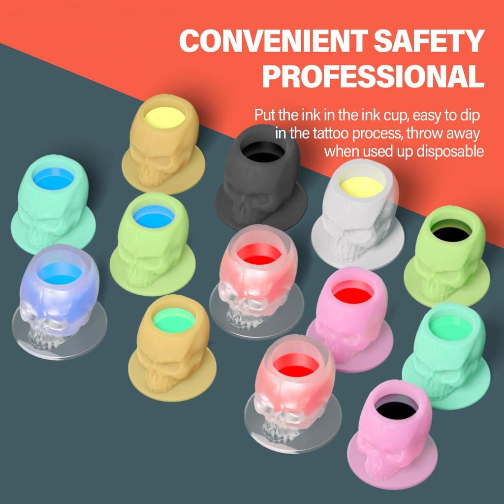 100PCS Tattoo Ink Cup Skull Disposable Silicone Tape Base Plastic Permanent Makeup Tattoo Pigment Cup Tattoo Accessories