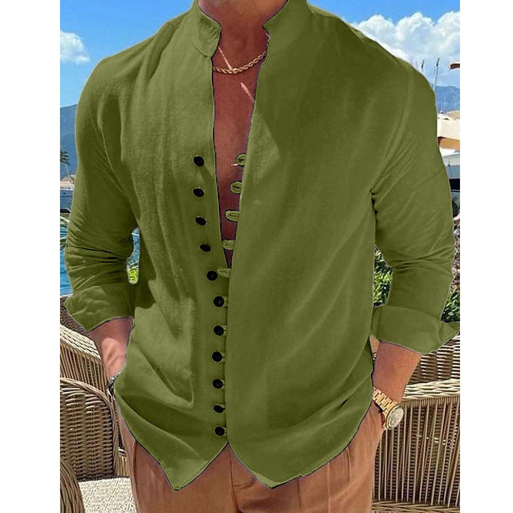 

Мужские однотонные рубашки с длинным рукавом на пуговицах и воротником-стойкой, мужские весенне-осенние топы, белая, черная хлопковая льняная рубашка, мужская XL зелёный