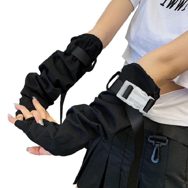 Women's Black Fingerless Gloves with Woven Strap and Buckle - Spring/Autumn Workwear Style