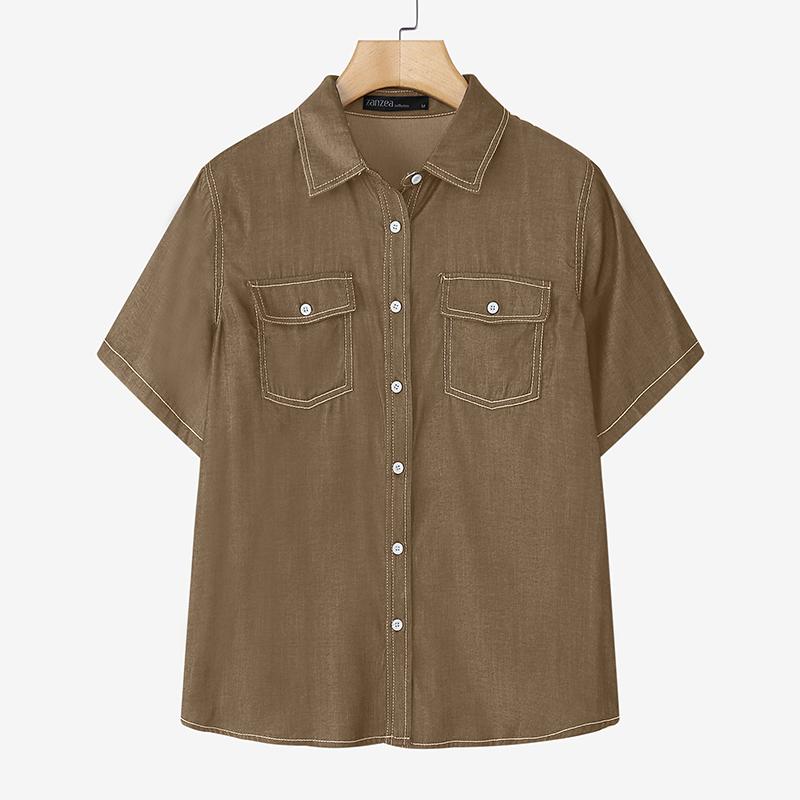 

ZANZEA Женская повседневная блузка с отложным воротником и коротким рукавом S хаки