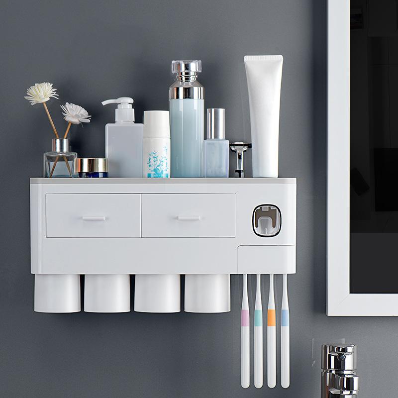 Wall Mounted Toothbrush Holder Multi Function Magnetic Absorption Bathroom Storage Rack with Drawer Toothpaste