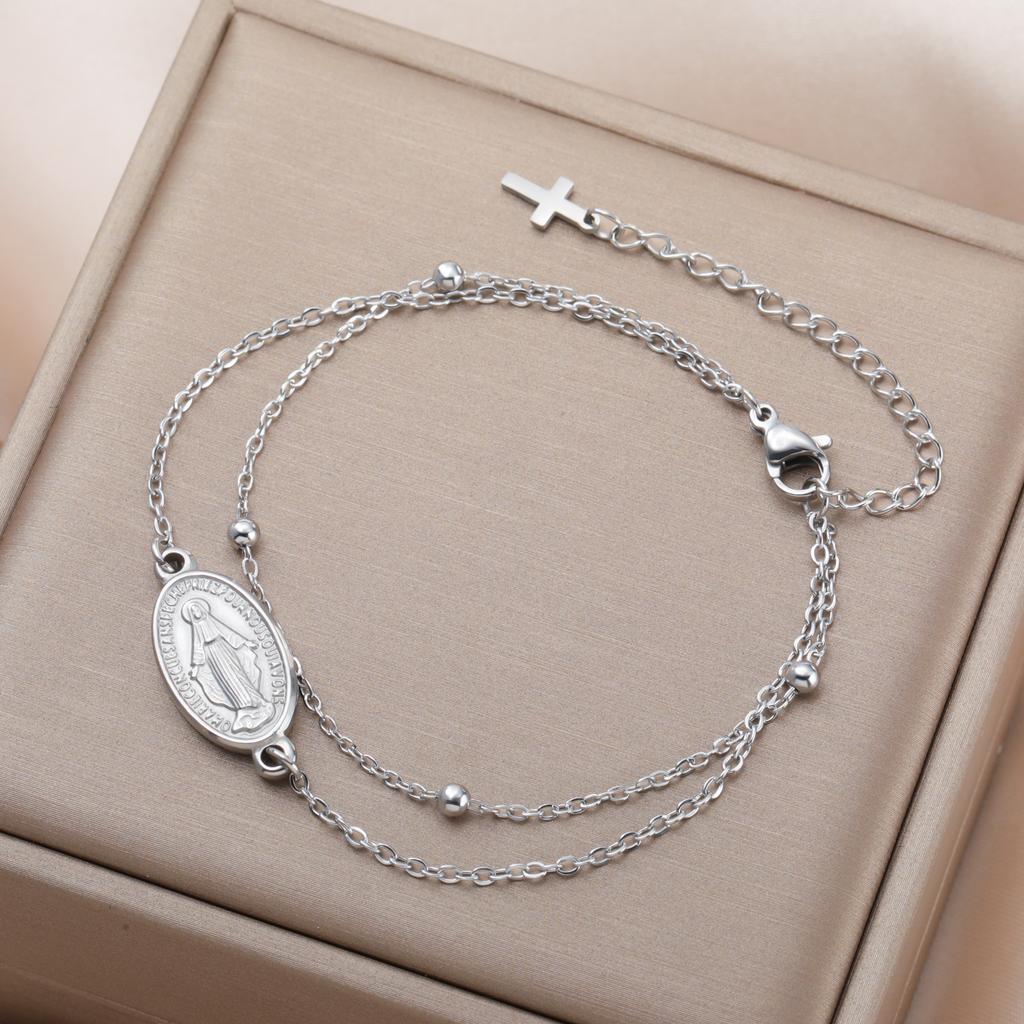 Virgin Mary Pendant Bracelet for Women Stainless Steel Cross Bracelet Catholic Christian Faith Bracelet Religious Gift for Girls