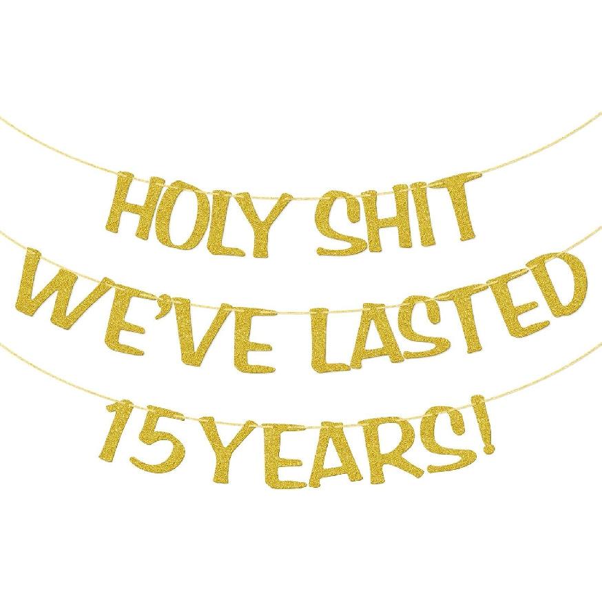 Holy We ve Lasted 15 Years Banner, 15th Wedding Anniversary Party Decorations, Funny Decor for Him Her Husband Wife Parents, Pre-Strung, Gold Glitter
