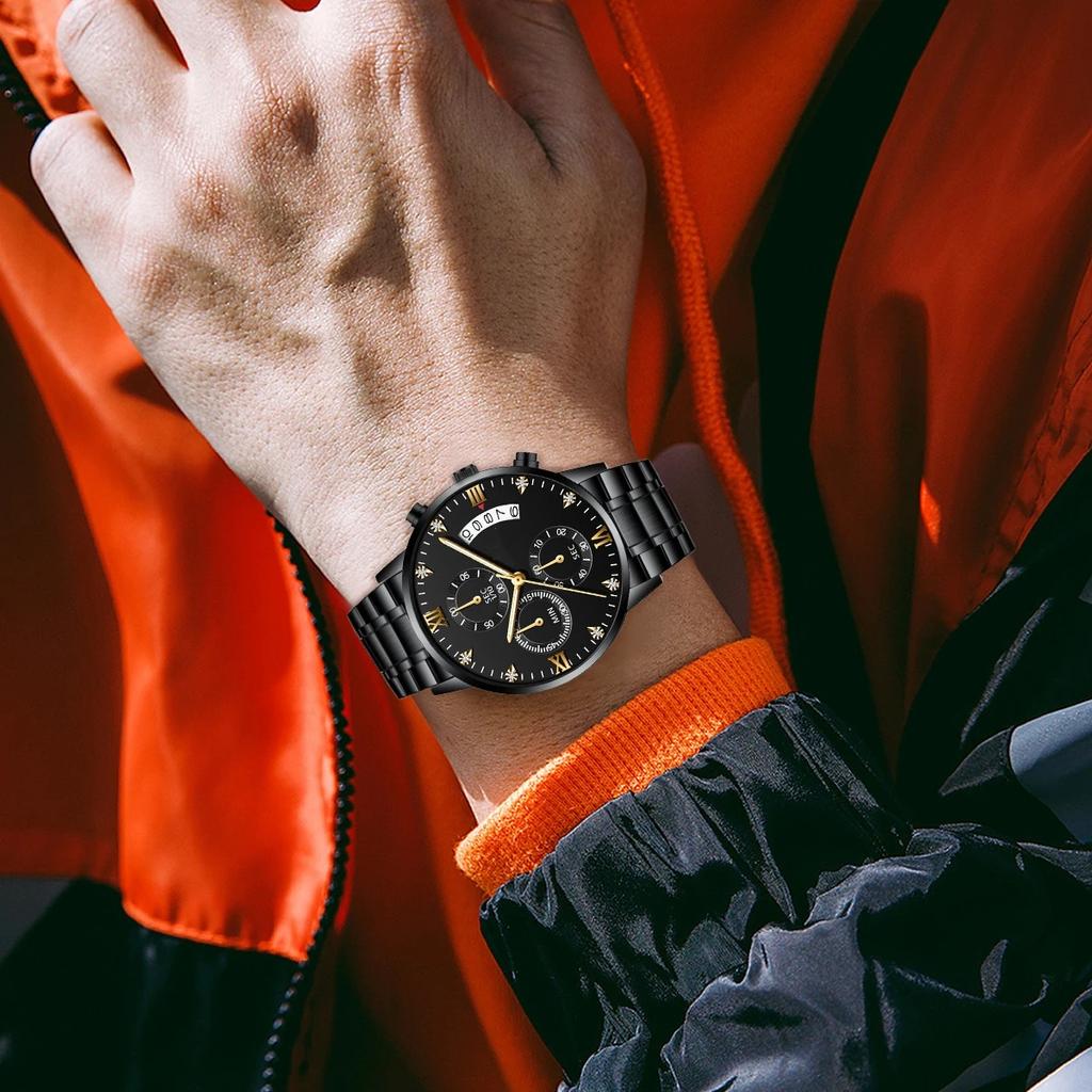 Multifunktionale Herren Quarz Uhr Business Strass Edelstahl Kalender Zeitmessung Armbanduhr