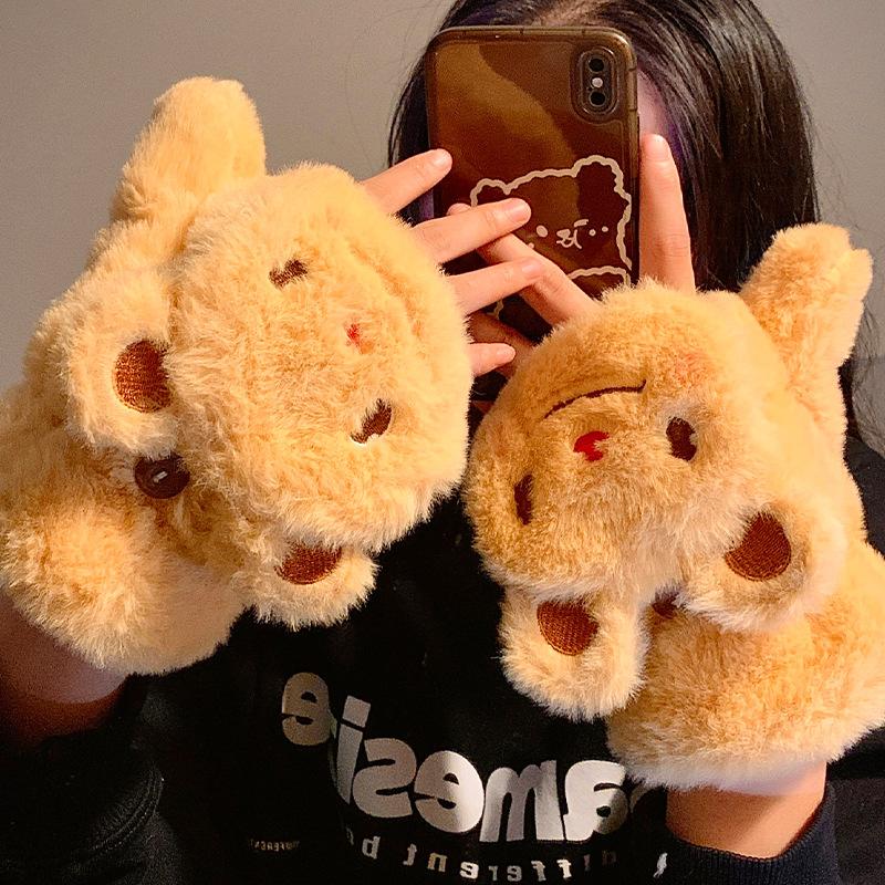 

Cute Bear Half finger Flip Plush Gloves for Women in Autumn and Winter Warm and Velvet Thickening Cute Students Writing To Protect Against Cold