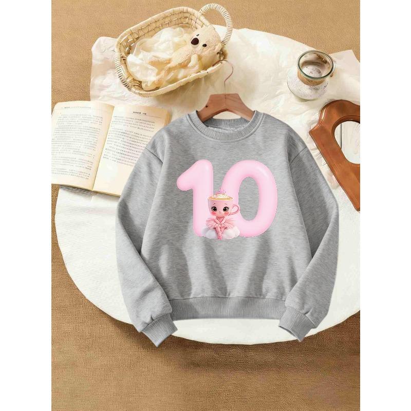 Kids Girls Crewneck Sweatshirt, Pink Balloon Number 10 Ballet Princess Coffee Cup Cartoon Print Bright Red Soft Fleece Pullover For 10th Birthday